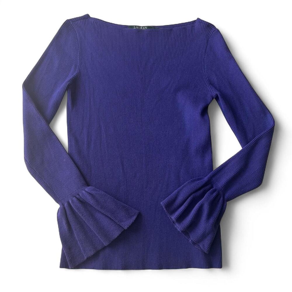 Lauren Ralph Lauren Purple Ribbed Bell Sleeve Sweater Top.